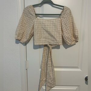 H&M Linen Cropped Peasant Gingham plaid Top